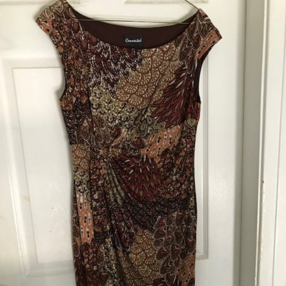 Connected Apparel Cinch Waist Brown Print Sheath Dress Size 8